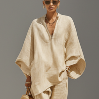 Women's Neutral Linen Set With Asymmetric Hem & Minimalist Design, Sophisticated Daily-Casual Style Set MDZ0501B3I