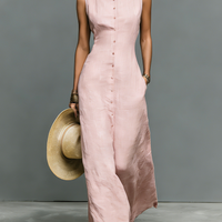 Women's Minimalist Linen-Blend Stand-Collar Single-Breasted Sleeveless Maxi Dress MDZ1049C1Y