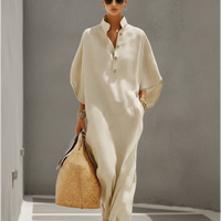 Women's Oatmeal Linen Dress With Mandarin Collar & Dolman Sleeves, Timeless Resort-Casual Style Dress MDZ0552B1I