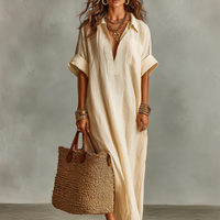 Women's Minimalist Loose-fitting Embroidered Short-sleeved Maxi Dress MDZ0656A6Y