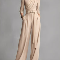 Women's Neutral-colored Cotton Blend Knit Jumpsuit With Gathered Waist MDA1516L0I