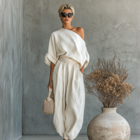 Women's Off-white Linen Off-shoulder Loose Casual Top And Tapered Pants Set MDA2770K8T