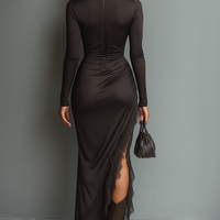 Women's Dark Brown Satin Irregular Hem Lace Slim Maxi Dress MDA0501H1T