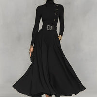 Women's Black Knit Elegant High Neck Button Detail Maxi Dress MDA1183K0I