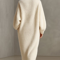 Women's Cream Elegant Faux Mink Knit Asymmetric Slit Midi Dress MDA0245I2I