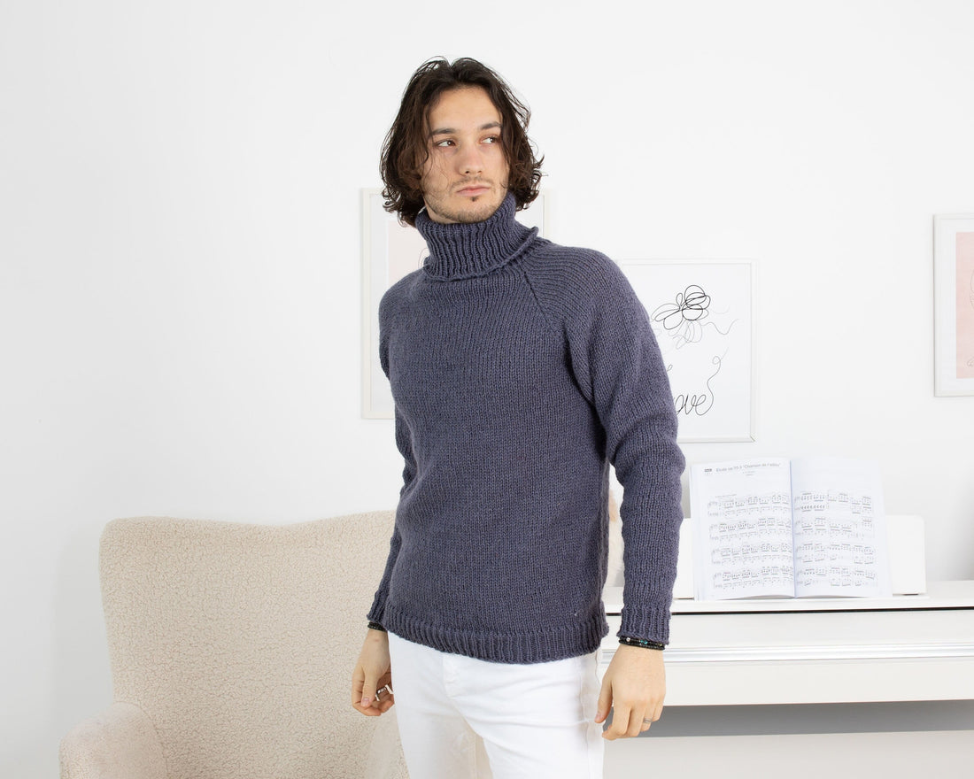 Hand-Knitted Itchy Wool Sweater – 100% Raw Wool Denim Blue Jumper T1319