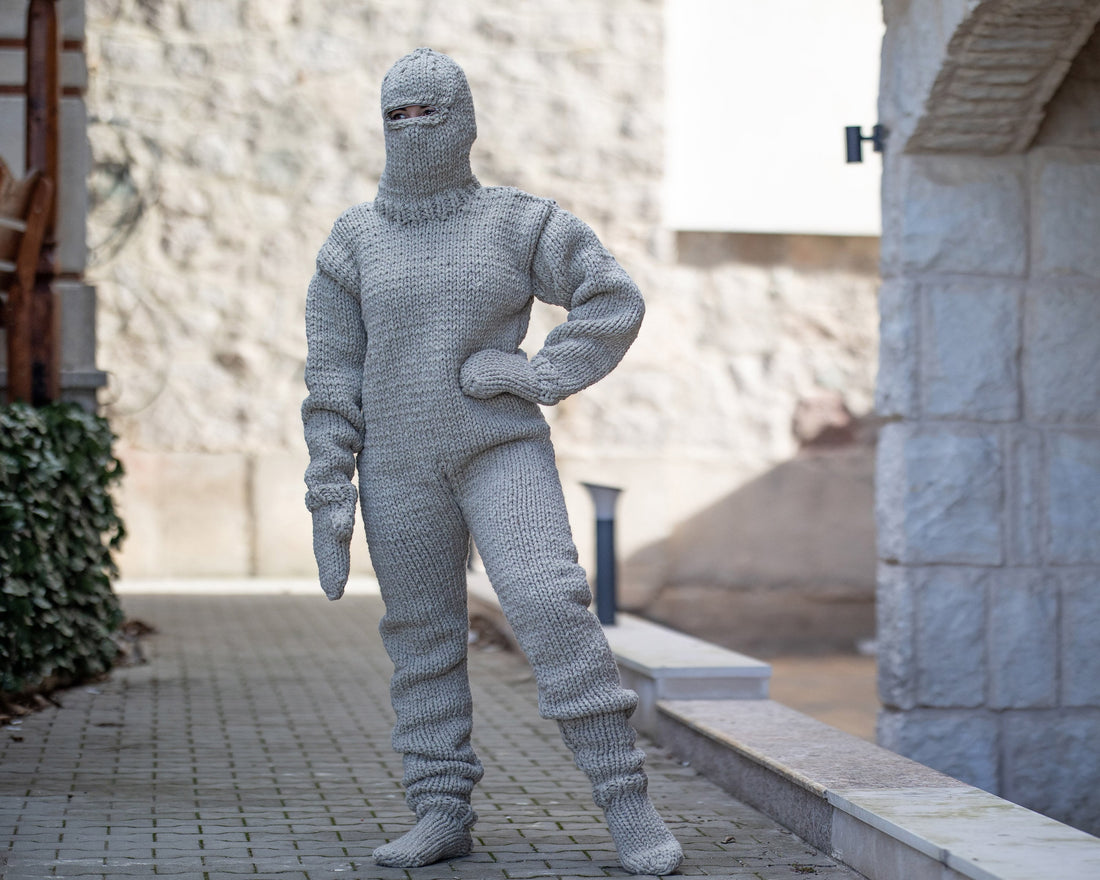 Raw Wool Catsuit Overall – Chunky Hand-Knitted Full Body Suit with Mittens and Socks T1359