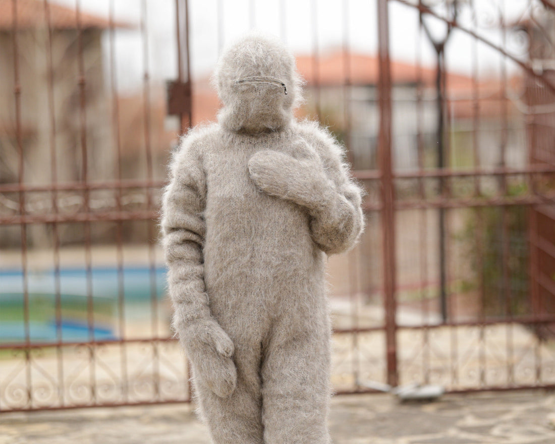 Beige Mohair Catsuit – Hand-Knitted Fluffy  Full Set with Balaclava, Mittens and Socks T1375