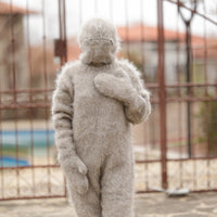 Beige Mohair Catsuit – Hand-Knitted Fluffy  Full Set with Balaclava, Mittens and Socks T1375
