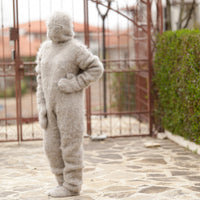 Beige Mohair Catsuit – Hand-Knitted Fluffy  Full Set with Balaclava, Mittens and Socks T1375