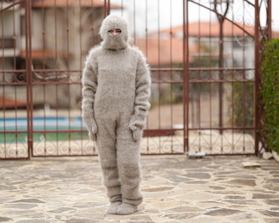 Beige Mohair Catsuit – Hand-Knitted Fluffy  Full Set with Balaclava, Mittens and Socks T1375