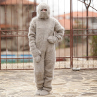 Beige Mohair Catsuit – Hand-Knitted Fluffy  Full Set with Balaclava, Mittens and Socks T1375
