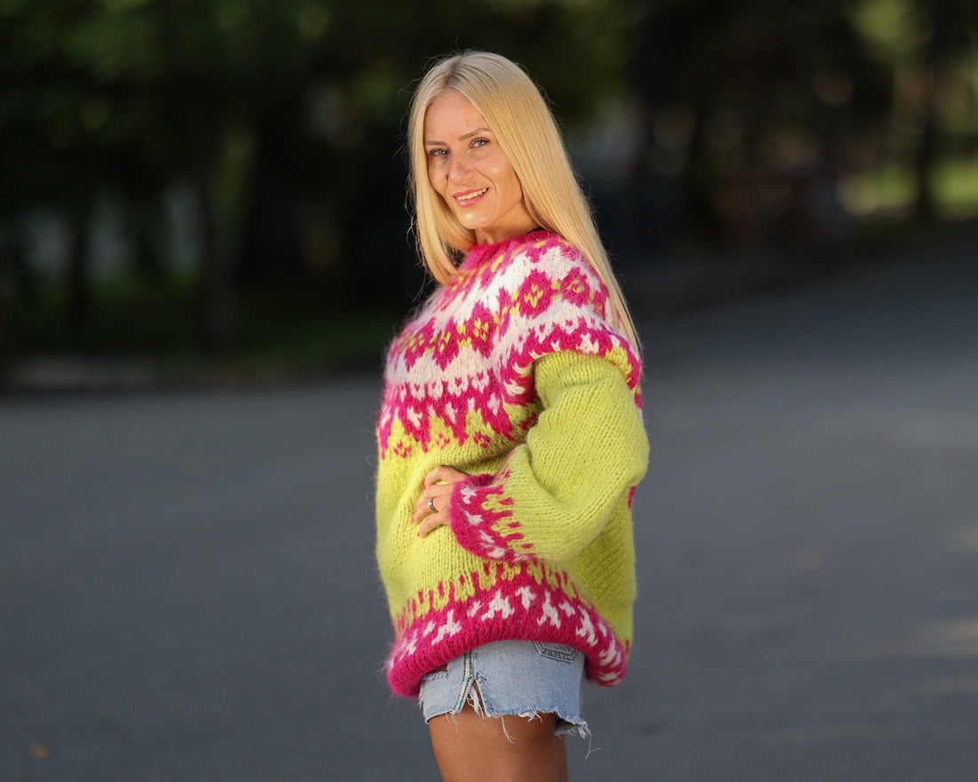 Icelandic Alpaca Merino Sweater, Hand Knitted Neon Mohair Blend Pullover T1450