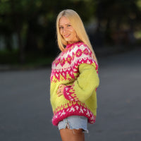 Icelandic Alpaca Merino Sweater, Hand Knitted Neon Mohair Blend Pullover T1450