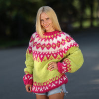 Icelandic Alpaca Merino Sweater, Hand Knitted Neon Mohair Blend Pullover T1450