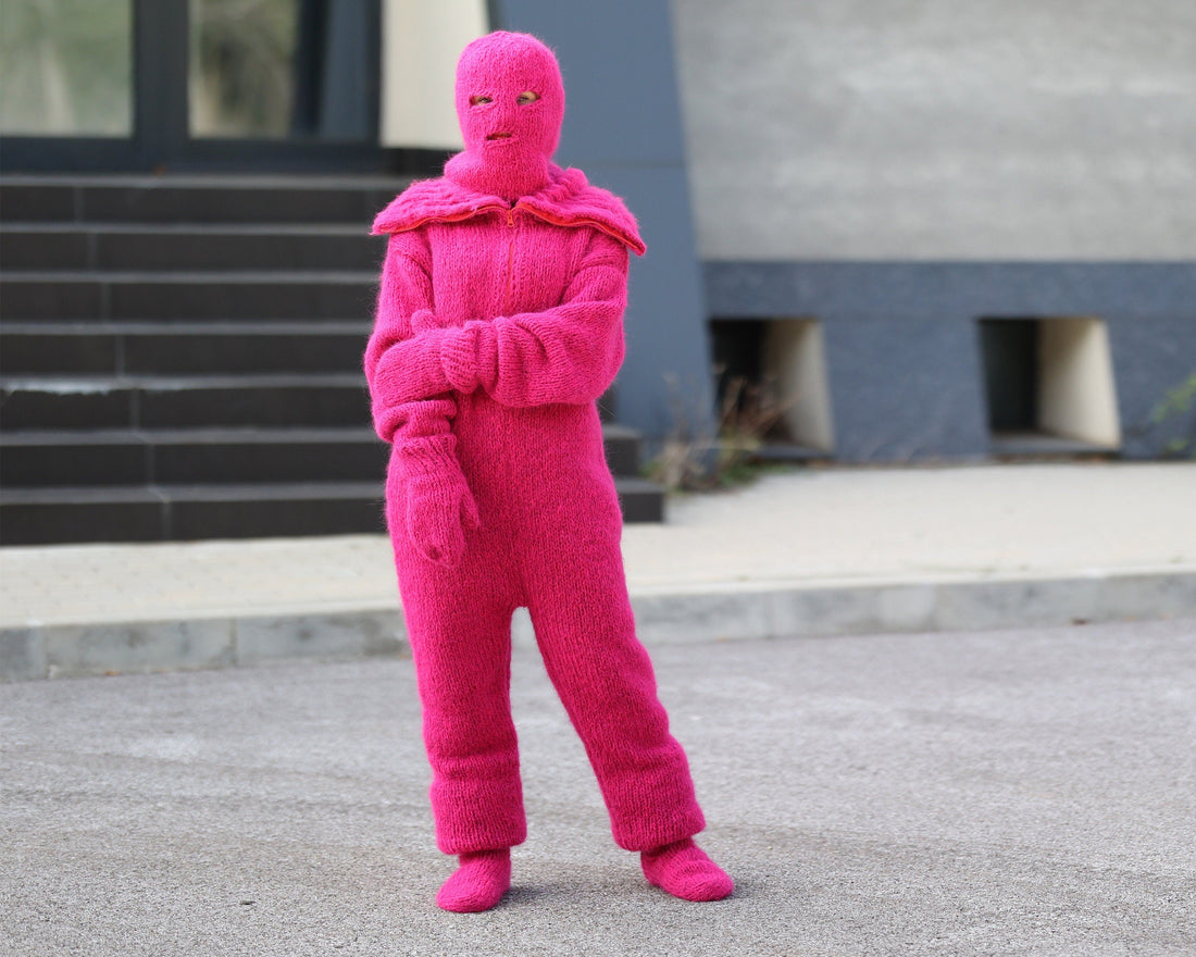 Hand-Knitted Pink Alpaca Catsuit – Fluffy Bodysuit with Mittens & Socks T1493