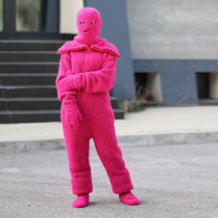 Hand-Knitted Pink Alpaca Catsuit – Fluffy Bodysuit with Mittens & Socks T1493
