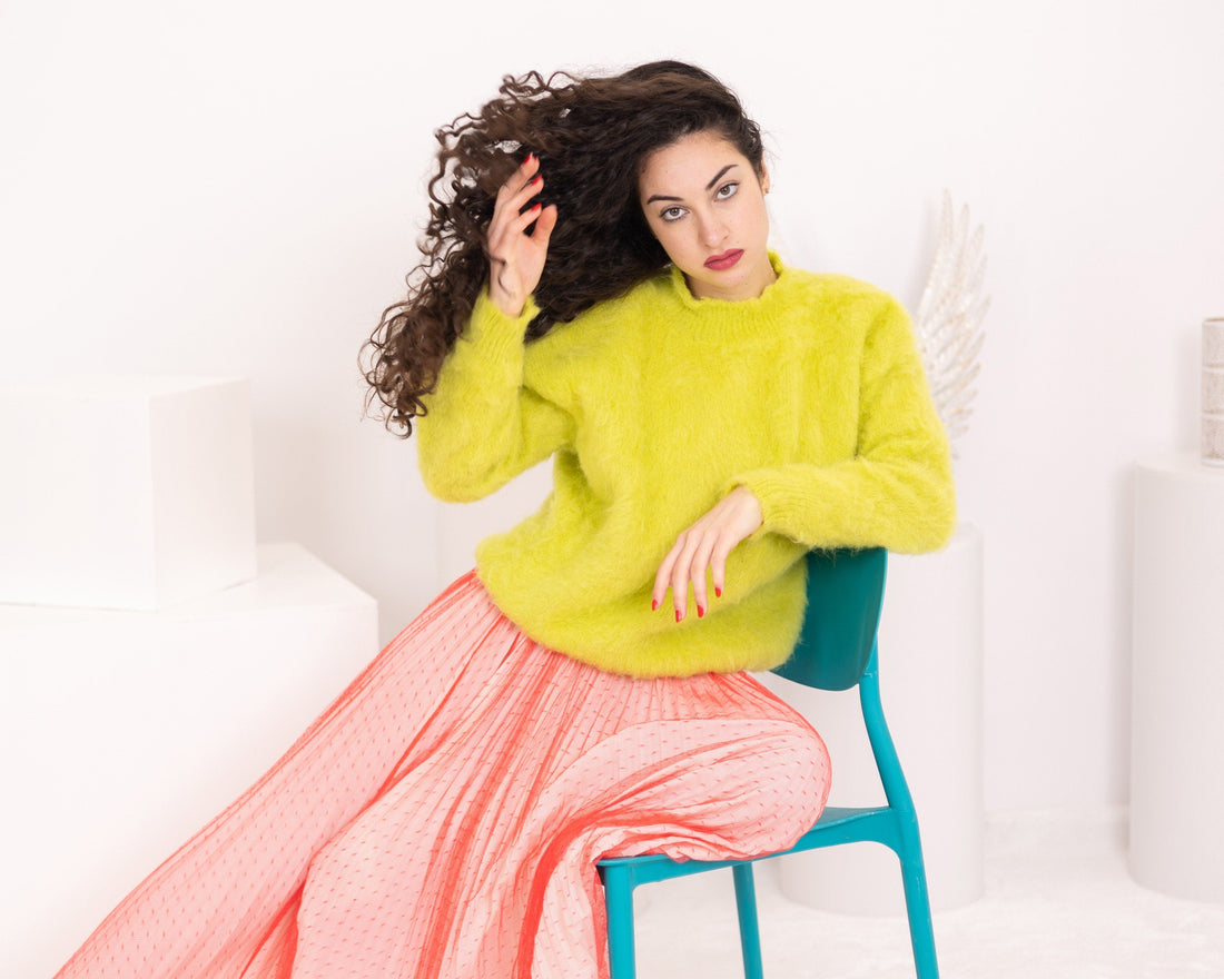 Bright Green Alpaca Wool Sweater, Hand Knitted Soft Pullover, Vibrant Cozy Winter Jumper T1563