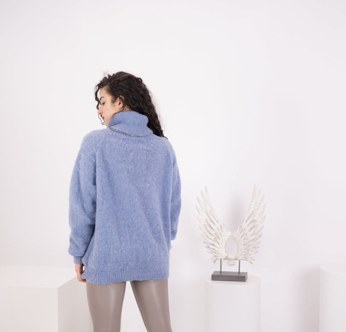 Blue Alpaca Sweater, Hand Knitted Soft Wool Pullover, Warm Cozy Lightweight Winter Jumper T1578