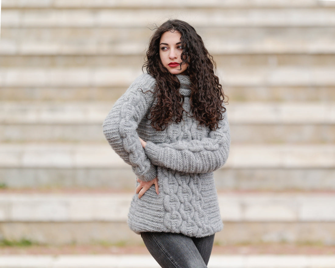Hand Knit Baby Alpaca Merino Wool Sweater, Chunky Cable Knit Jumper T1389