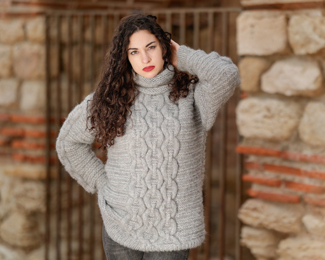 Hand Knit Baby Alpaca Merino Wool Sweater, Chunky Cable Knit Jumper T1389