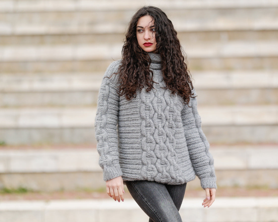 Hand Knit Baby Alpaca Merino Wool Sweater, Chunky Cable Knit Jumper T1389