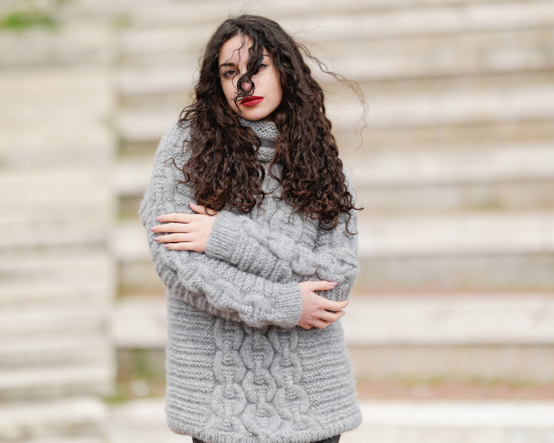 Hand Knit Baby Alpaca Merino Wool Sweater, Chunky Cable Knit Jumper T1389