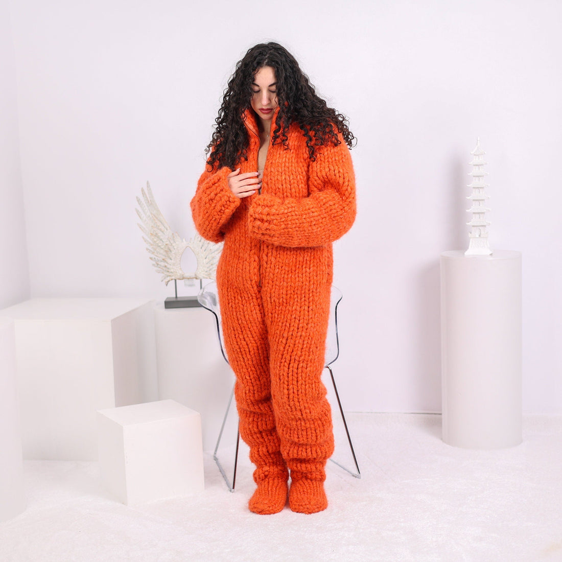 Alpaca Catsuit – 60-Strand Extra Fine Hand-Knitted Jumpsuit with Matching Mittens – Soft Luxury Knit – T1648