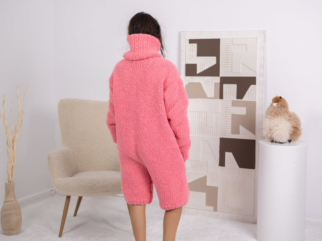 One available in Size 4XL, Neon Pink Alpaca Romper, Hand Knitted Catsuit T1686