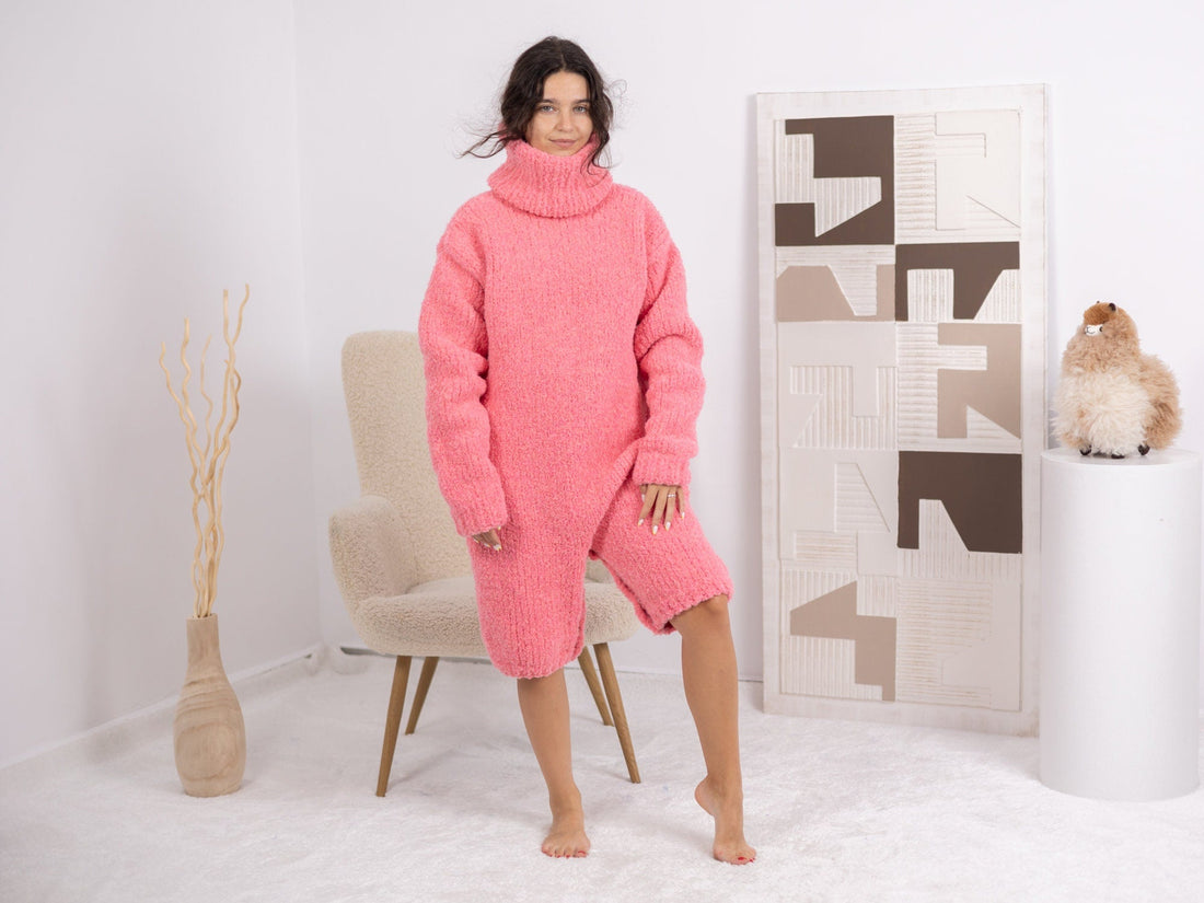 One available in Size 4XL, Neon Pink Alpaca Romper, Hand Knitted Catsuit T1686