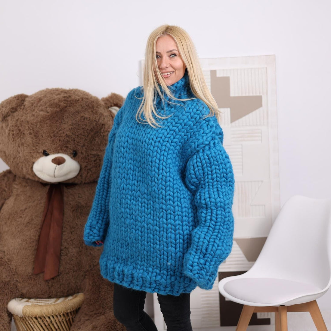 Blue Chunky Merino Wool Sweater, Hand Knitted Oversized Cozy Pullover T1847
