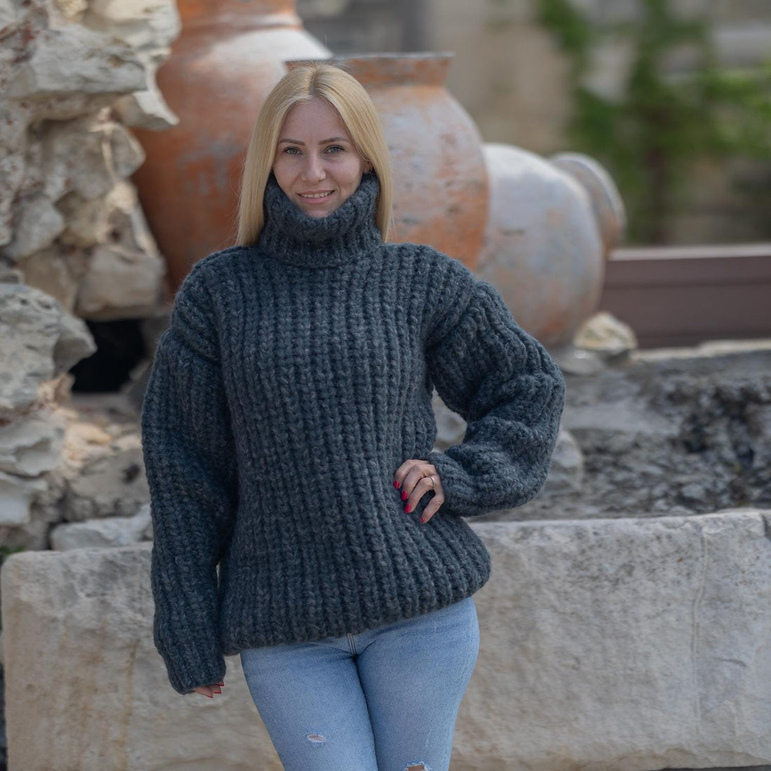Super Chunky Gray Alpaca Sweater – Hand Knitted 12 Strand Turtleneck in English Rib T1864