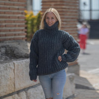 Super Chunky Gray Alpaca Sweater – Hand Knitted 12 Strand Turtleneck in English Rib T1864