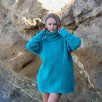 Alpaca Wool Sweater, Fluffy Hand-Knitted Turquoise Oversized Pullover for Women T1945