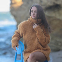 Fluffy Mustard Mohair Alpaca Sweater, Hand Knitted Brushed Soft Oversized Turtleneck Pullover T1951