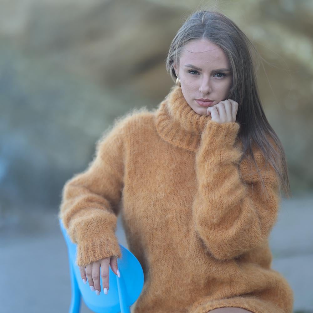 Fluffy Mustard Mohair Alpaca Sweater, Hand Knitted Brushed Soft Oversized Turtleneck Pullover T1951