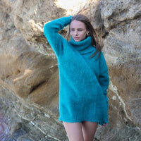 Alpaca Wool Sweater, Fluffy Hand-Knitted Turquoise Oversized Pullover for Women T1945