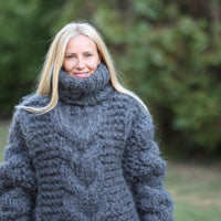 20-Strand Thick Mohair Sweater – Hand-Knitted Blue Chunky Cable Knit Jumper T1461