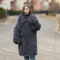 40-Strand Gray Mohair Sweater – Heavy Fluffy Hand-Knitted Thick Oversized Pullover T1374