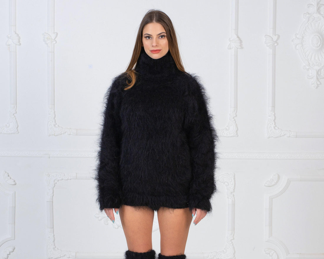 Fluffy Black Mohair Turtleneck sweater, Soft sensual winter jumper with T neck T984