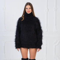 Fluffy Black Mohair Turtleneck sweater, Soft sensual winter jumper with T neck T984