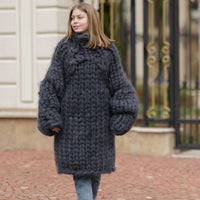 40-Strand Gray Mohair Sweater – Heavy Fluffy Hand-Knitted Thick Oversized Pullover T1374