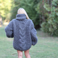 20-Strand Thick Mohair Sweater – Hand-Knitted Blue Chunky Cable Knit Jumper T1461