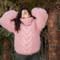 20-Strand Thick Mohair Sweater – Hand-Knitted Blue Chunky Cable Knit Jumper T1399