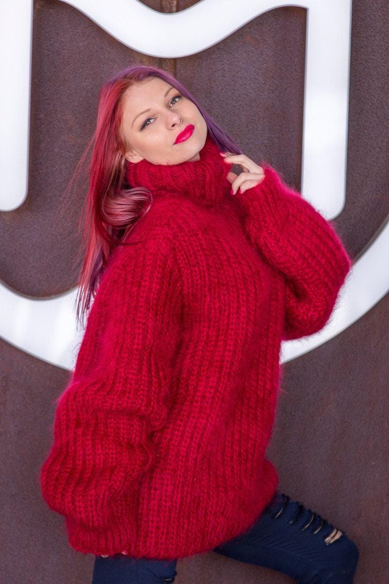 Fluffy Thick Ribbed Sweater, Hand Knitted in Soft Mohair Yarn T524