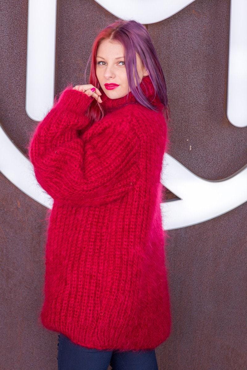 Fluffy Thick Ribbed Sweater, Hand Knitted in Soft Mohair Yarn T524