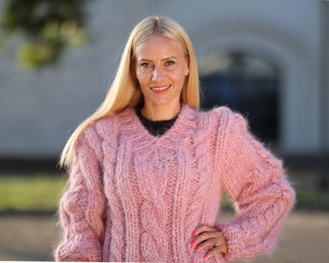 16-Strand Cabled Mohair–Alpaca Mix Sweater – Hand-Knitted Chunky Fuzzy Jumper T1451
