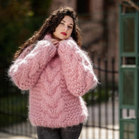 20-Strand Thick Mohair Sweater – Hand-Knitted Blue Chunky Cable Knit Jumper T1399