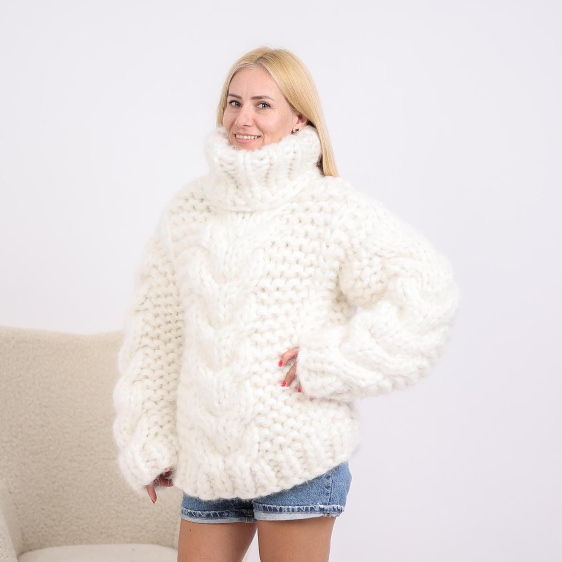 20-Strand Mohair Sweater – Extra Chunky Hand-Knitted Oversized Cable Knit Turtleneck Jumper T1898