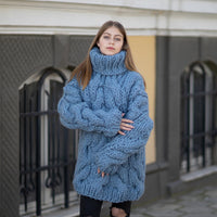 5-Strand Thick Blue Wool Sweater – Huge Hand-Knitted Chunky Oversized Pullover T1027